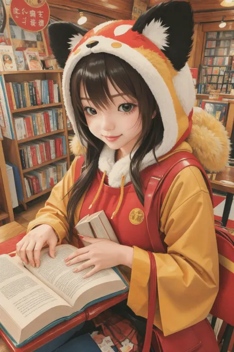 <lora:McDonaldsAdArtStyle:1> urachan1629, cute woman, animal hood, cluttered book shop, warm colors, cozy