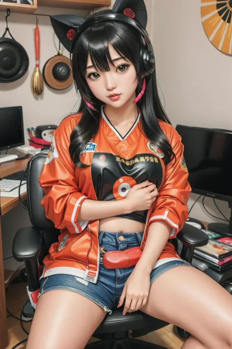 <lora:McDonaldsAdArtStyle:0.8> urachan1629 <lora:SushiStyle:0.4> sushistyle cute female streamer, sitting on a gaming chair in a cluttered room