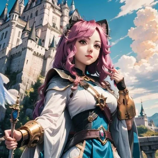 high quality, beautiful woman, masterpiece, best quality, 1girl, (<lora:dragalialost_cleo:1>) , castle in background, anime style, sky, cute pose, <lora:lihui4JXK-b2-bf16-128-128-1-re1-ep3-768-DA-5015fix:1>, holding magic staff, holding stick