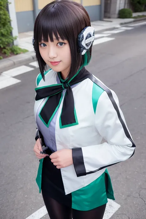 1girl, izu, izu_uniform, humagear, humagear_headset, headphone, realistic, skirt, solo, standing, best quality, photorealistic, masterpiece, 8k, high res, solo, (((woman))), (medium breast), ((looking at the viewer)), (looking at the camera:1), (short hair), bob hair, (professional lighting, bokeh),top angle view, extremely detailed face, fashionable and trendy atmosphere, japan, street, tokyo, factory, ((daytime)), (portrait:0.6), seductive smile, gorgeous, floating hair, (light particles, lens flare, glowing particles:0.6), (dynamic pose:1.2), soft lighting, black hair, full body, smile, camera, pointing_finger, blue eye, pantyhose, black nail, outstretched_arm, suitcase, <lora:Izu:0.7>
