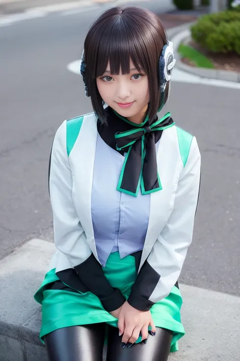 1girl, izu, izu_uniform, humagear, humagear_headset, headphone, realistic, skirt, jacket, solo, sitting, best quality, photorealistic, masterpiece, 8k, high res, solo, (((woman))), (medium breast), ((looking at the viewer)), (looking at the camera:1), (short hair), bob hair, (professional lighting, bokeh),top angle view, extremely detailed face, fashionable and trendy atmosphere, japan, street, tokyo, factory, ((daytime)), (portrait:0.6), seductive smile, gorgeous, floating hair, (light particles, lens flare, glowing particles:0.6), (dynamic pose:1.2), soft lighting, black hair, full body, smile, camera, blue eye, pantyhose, black nail, <lora:Izu:0.7>