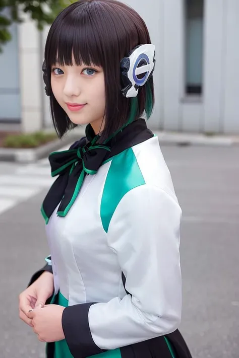1girl, izu, izu_uniform, humagear, humagear_headset, headphone, realistic, skirt, solo, standing, best quality, photorealistic, masterpiece, 8k, high res, solo, (((woman))), (medium breast), ((looking at the viewer)), (looking at the camera), (short hair), bob hair, (professional lighting, bokeh),top angle view, extremely detailed face, fashionable and trendy atmosphere, japan, street, tokyo, ((daytime)), (portrait:0.6), seductive smile, gorgeous, floating hair, (light particles, lens flare, glowing particles:0.6), (dynamic pose:1.2), soft lighting, black hair, full body, smile, camera, greeting, blue eye, <lora:Izu:0.8>