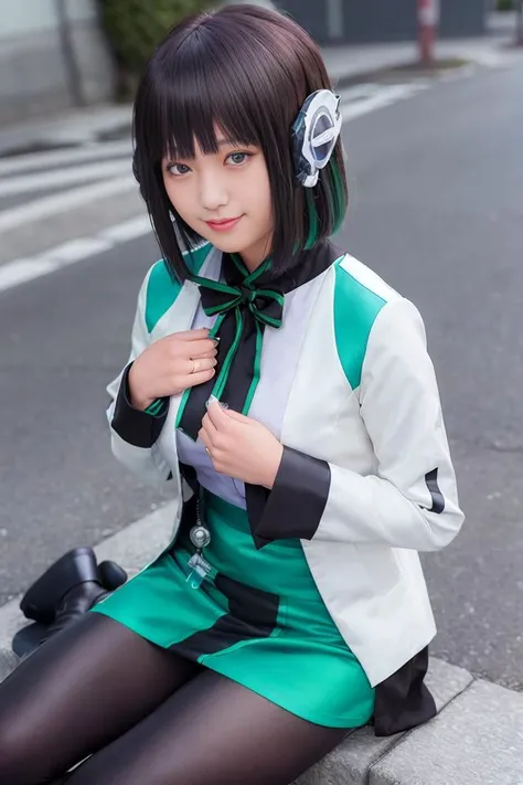 1girl, izu, izu_uniform, humagear, humagear_headset, headphone, realistic, skirt, jacket, solo, sitting, best quality, photorealistic, masterpiece, 8k, high res, solo, (((woman))), (medium breast), ((look_at_viewer)), (look_at_camera:1), (short hair), bob hair, (professional lighting, bokeh),top angle view, extremely detailed face, fashionable and trendy atmosphere, japan, street, tokyo, factory, ((daytime)), (portrait:0.6), seductive smile, gorgeous, floating hair, (light particles, lens flare, glowing particles:0.6), (dynamic pose:1.2), soft lighting, black hair, full body, smile, camera, blue eye, pantyhose, black nail, close up, <lora:Izu:0.7>
