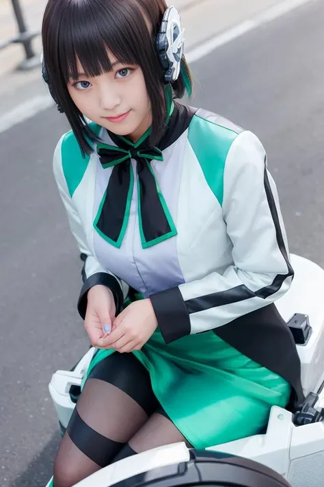 1girl, izu, izu_uniform, humagear, humagear_headset, headphone, realistic, skirt, solo, sitting, best quality, photorealistic, masterpiece, 8k, high res, solo, (((woman))), (medium breast), ((looking at the viewer)), (looking at the camera:1), (short hair), bob hair, (professional lighting, bokeh),top angle view, extremely detailed face, fashionable and trendy atmosphere, japan, street, tokyo, factory, ((daytime)), (portrait:0.6), seductive smile, gorgeous, floating hair, (light particles, lens flare, glowing particles:0.6), (dynamic pose:1.2), soft lighting, black hair, full body, smile, camera, blue eye, pantyhose, black nail, suitcase, <lora:Izu:0.7>