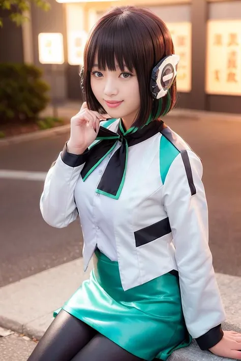 1girl, izu, izu_uniform, humagear, humagear_headset, headphone, realistic, skirt, jacket, solo, sitting, best quality, photorealistic, masterpiece, 8k, high res, solo, (((woman))), (medium breast), ((look_at_viewer)), (look_at_camera:1), (short hair), bob hair, (professional lighting, bokeh),top angle view, extremely detailed face, fashionable and trendy atmosphere, japan, street, tokyo, factory, ((daytime)), (portrait:0.6), seductive smile, gorgeous, floating hair, (light particles, lens flare, glowing particles:0.6), (dynamic pose:1.2), soft lighting, black hair, full body, smile, camera, blue eye, pantyhose, black nail, close up, <lora:Izu:0.7>