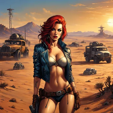 sexy female wastelander on a desert, cyberpunk art by Tim Doyle, trending on Artstation, retrofuturism, apocalypse art, digital illustration, apocalypse landscape