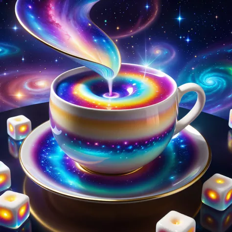 (swirling galaxy cream:1.3), iridescent mug, (vivid auroras reflecting off the surface), cosmic aroma, (sparkling stardust sprinkled on top:1.2), ethereal wisps of steam, (celestial saucer with intricate cosmic patterns:1.4), levitating sugar cubes transparent color vinyl, ((prismatic shapes)) holographic, chromatic aberration ((masterpiece)), (best quality), detailed, realistic, 8k, 4k, UHD, high quality, vibrant, absurdres