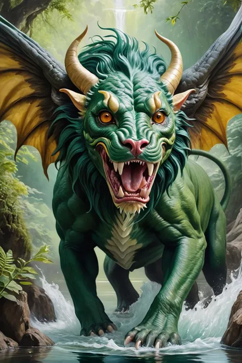 (Ultra realistic, intricate, Ultra high resolution), (Amazing Gouache painting assemblage art), (close view of a Chimera :1.5), (Swims in a lake in The Emerald Valley), (Cinematic lighting), (High quality, Highly detailed, Sharp focus, 8K UHD, intricate masterpiece)