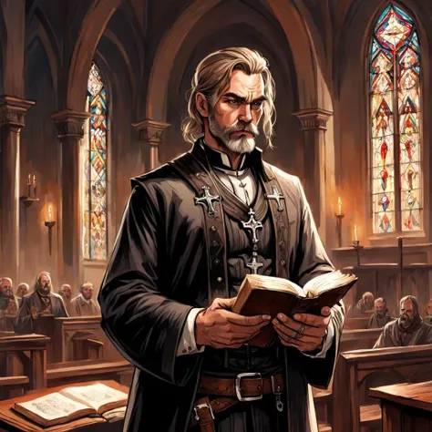 a drawing of a badass priest holding a revolver and a bible, inside church, wild west, a character portrait by Nína Tryggvadóttir, featured on deviantart, fantasy art, deviantart, artstation hd, digital illustration