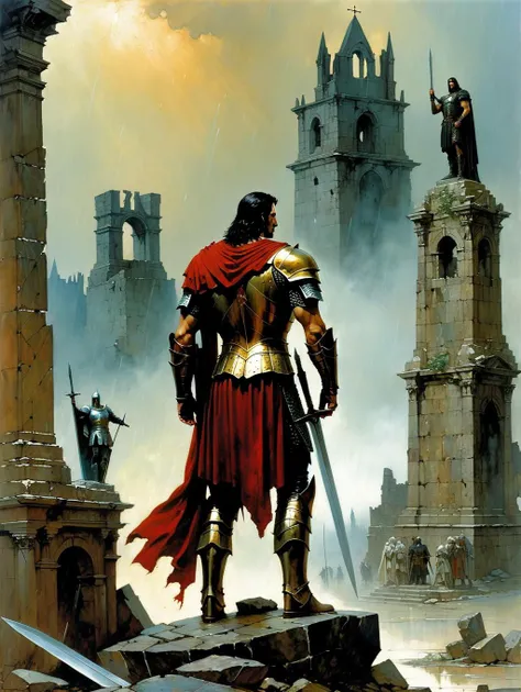 art by Gerard Brom, Alex Maleev (best quality, masterpiece, ),(Warrior in damaged armor, back only, front not visible, standing in front of statue),Standing in the ruins of a medieval town, with a damaged stone statue in the center of the frame, a dim sky, and blood-colored rain falling
