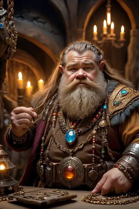 (Ultra realistic, impressive, intricate, candid movie shot), (a superb, ultra realistic Dwarf Adorns themselves with a necklace), (several characters), (Highly detailed, amazing fantasy setting), (precise, amazing lighting), (Colorful, Ultra Realistic, High quality, Highly detailed, Sharp focus, 8K UHD, Art photography), (trending on artstation)