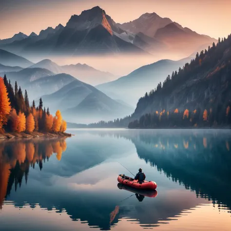 a lonely fisherman fishes on a lake among the mountains while in a rubber boat, dawn, sunrise, calm, mirror-like surface of water, cinematic photography, hyper realistic majestic Autumn lake scene, fishing by Ethereal liquid smoke, tonalist color scheme, organic formations, haze,