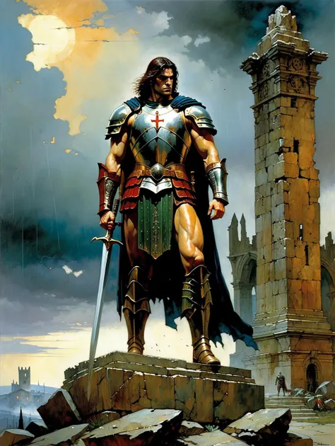 art by Gerard Brom, Alex Maleev (best quality, masterpiece, ),(Warrior in damaged armor, back only, front not visible, standing in front of statue),Standing in the ruins of a medieval town, with a damaged stone statue in the center of the frame, the sky is covered with dark clouds and is raining blood