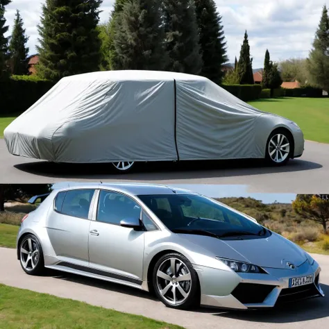 onoff1, onoff, side by side photo, split screen, 2 panel, <lora:onoffxl:1>, a car with a car cover on it