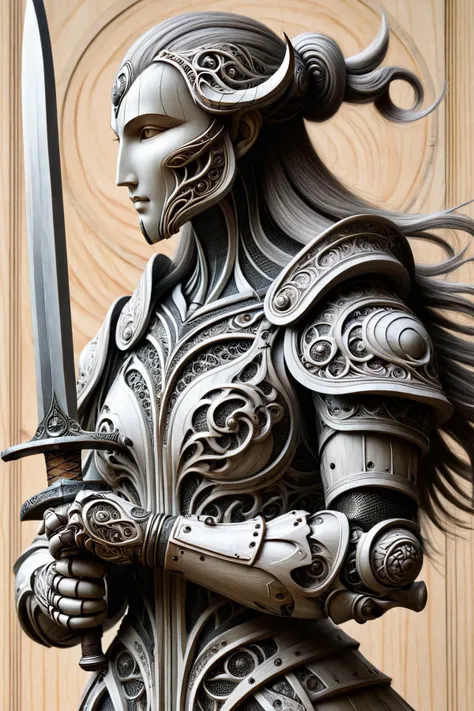 a close up of a drawing of a man with a sword, by Yang Buzhi, mecha plate armor, sleek armor, intricate organic painting, graphic artist magali villeneuve, from three kingdoms, brutalist shiro, side profile artwork, 2 0 7 7, genji, gujian, greg rutkowski and krenz cushart, antique painting <lora:Da_Vinci:0.8> Biomech, ink drawing, anatomical, Da_Vinci, vitruvian <lora:woodfigurez:1> woodfigurez