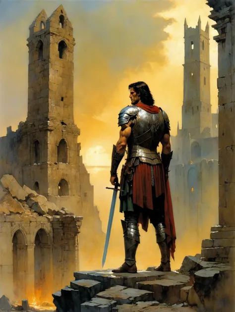 art by Gerard Brom, Alex Maleev (best quality, masterpiece, ),(Warrior in tattered armor, back to the screen, standing in front of the idol),Standing in the ruins of a medieval town with his back to the picture, with a broken idol in the center of the picture and a dimly lit sky