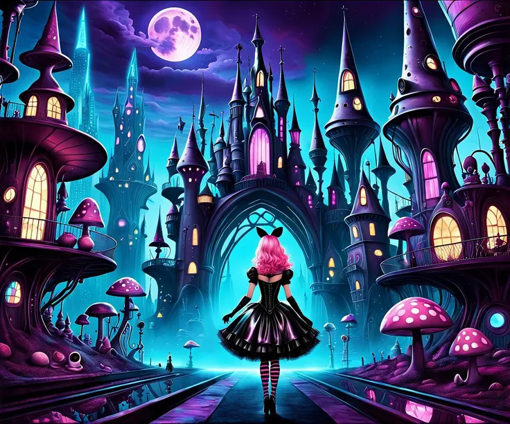 Create a Alice in Cyberland setting In the style of Camille Rose Garcia combining dark and whimsical elements with eerie and surreal scenes. In the not-so-distant future, Wonderland has undergone a radical transformation, becoming “Cyberpunkland.” The landscape is a surreal blend of neon-lit, futuristic cityscapes, and surreal, distorted dreamscapes. Amidst towering skyscrapers and advanced technology, Wonderland’s magical creatures and whimsical oddities persist, albeit with a cybernetic twist.