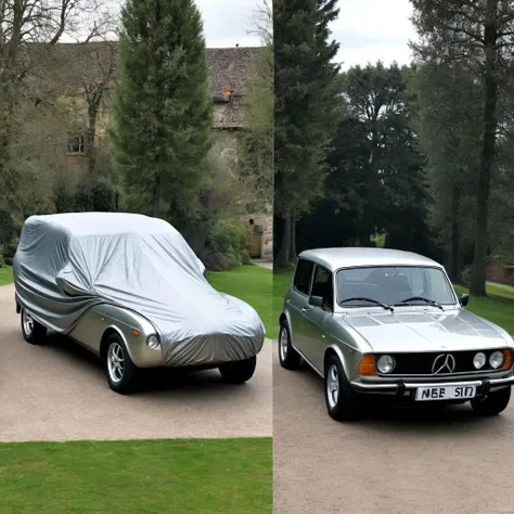 onoff1, onoff, side by side photo, split screen, 2 panel, <lora:onoffxl:1>, a car with a car cover on it