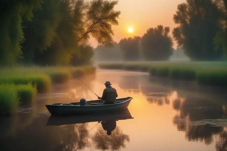 wooden bridge over the river, a lonely fisherman catches fish with a fishing rod on a river, sitting in the middle in a ((rubber boat)), dawn, sunrise, calm, mirror-like surface of water, cinematic photography,