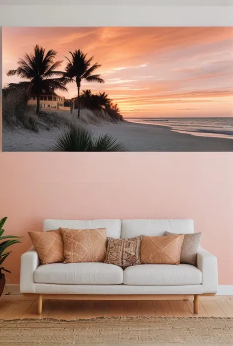 Analog photo (Beach panorama with rolling waves, palm trees swaying, golden sand, sunset casting warm hues of pink and orange across the sky, soft gradient in the clouds, positioned at eye level on the wall of a cozy beachfront AirBnB in Florida, framing in minimalistic white, ultra-clear, deep blacks)
<lora:LCM-LoRA-XL_V1:0.21>
<lora:SDXLHighDetail_v5:0.3>
<lora:sdxl_photorealistic_slider_v1:1.2>
