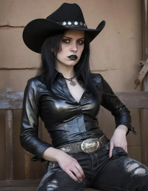 Glum magnificent cowgirl wide shot portrait candid Gothic gorgonize metallic paint