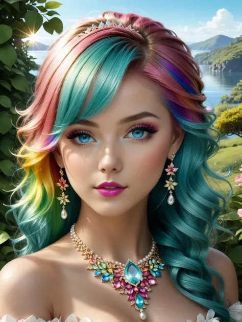 masterpiece, best quality, ultra-detailed, illustration, (rainbow hair:1.4), pointy ears, tiara, necklace, earrings, armband, thigh strap, belly chain, chain, nymph, (aqua eyes:1.4), colored eyelashes, long hair,  (nature tattoo:1.6),  (makeup:1.2), (solo:1.4), creativity, imagination, artistry, composition, balance, harmony, rhythm, color, light, shadow, reflection, refraction, tone, contrast, foreground, middle ground, background, naturalistic, figurative, representational,, Digital art, glow effects, render, 8k, octane render, cinema 4d, blender, dark, atmospheric 4k ultra detailed, cinematic sensual, Sharp focus,big depth of field, Masterpiece, colors, trending on artstation, Vivid colors, modelshoot style, Intricate, High Detail, Sharp focus, dramatic, small breast, (freckles:0.6), small chest, (small waist), perfect face, highly detailed, best quality,(petite), 8k eye details,(red lips), sultry look, seductive, magic, epic realistic, (glowing magic stones) hyperdetailed,cinematic, dramatic light, (intricate details:1.1), (complex background), ((backlighting)),highly detail eyes, (perfect eyes), beautiful eyes, both eyes are the same, smooth, perfect face, Iridescent, Global illumination, real hair movement, realistic light, realistic shadow, perfect quality, detailed shadow and light, ((FANTASY)), ((MAGIC)), ((cinematic light)), colorful,  (detailed background: 1.4), (beautiful and detailed face, beautiful detailed eyes), High contrast, (better lighting, extremely delicate and beautiful) beautiful and detailed brightness, young girl,lake, tiara, pearl, earrings, shiny necklace, (((perfect eyes,))), stars, full body, lens flare, shade, full body, masterpiece,  (intricate, octane render, highly detailed, 8k, hdr, uhd, high quality, professional, Unreal engine,Trending on artstation), lens flare, shade,   <lora:FaeStyle:0.8>, full body, masterpiece,  (intricate, octane render, highly detailed, 8k, hdr, uhd, high quality, professional, Unreal engine,Trending on artstation), lens flare, shade
