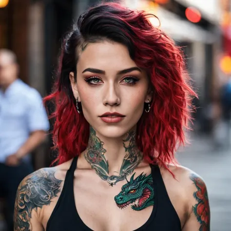 photo of a beautiful woman with dragon tattoos and a nose piercing, ((full body shot)), in new york, skinny, ((extreme skin detail)), hdr, ((ultrarealistic)), ((photo)), bokeh, depth of field, 8k uhd, dslr, soft lighting, high quality, Fujifilm XT3