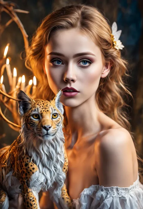 extraordinary (full body) (((( fairy 18 Y.O looking at surprising animal)))) in (extraordinary background on fairy tales) , ( the fairy looks at the frightened anima), realist sun side lighting in face, 8K high definition, (ultra realist detailed beautiful eyes:1.8), (((8K ultra realist detailed skin))) (ultra realist small freckle:0.3) realist soft lighting, (((ultra realist detailed body))) (((detailed hand))) (((realist skin color))) (((detailed nose))) (ultra realist detailed face) (ultra realist detailed pupil of the eye:1.9) ((((skin pores)))) (ultra realist focus:1.5)