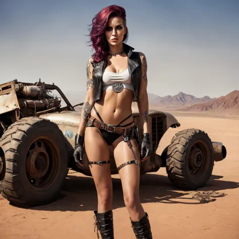 sexy female wastelander on a desert, cyberpunk art by Tim Doyle, trending on Artstation, retrofuturism, apocalypse art, digital illustration, apocalypse landscape