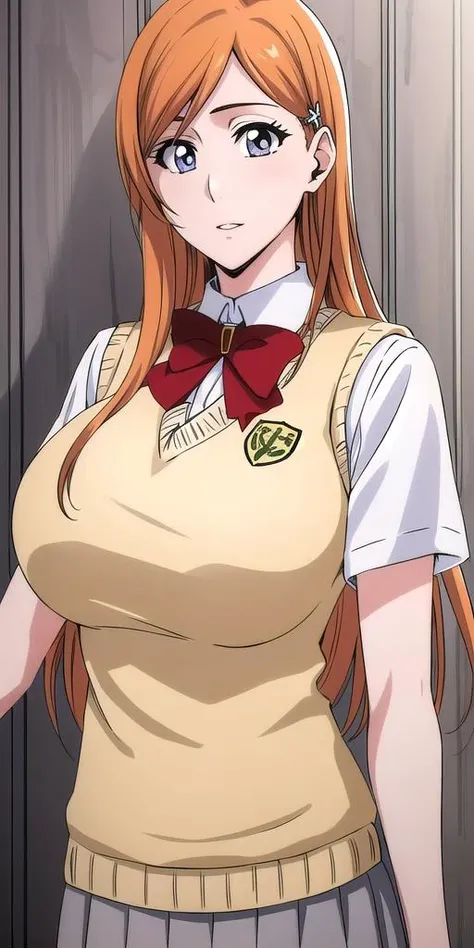One person, (masterpiece:1.3), (High resolution), (8k), (Very detailed), (4K), (Pixiv), Perfect Face, Beautiful eyes and face, (Highest quality), (Very detailed), Detailed face and eyes, (alone), Textured skin, Absurd, High resolution, Wazakufu, Long Hair, Magatama earrings, school uniform, Red Skirt, Pleated skirt, Large Breasts, Antenna Hair, Orange Hair, Aqua Eye, Sweater vest, Are standing, Cowboy Shot, smile, Outdoor, (Wind:1.1), Floating hair, Natural light、nsfw