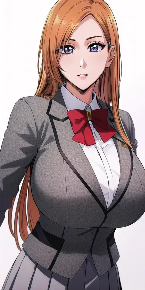 <lora:OrihimeInoueV2:0.7> orihimeinoue, huge_breasts, standing, solo, School_uniform_White_shirt_Red_bowtie_Grey_miniskirt_Grey_blazer, masterpiece, best quality, detailed face, detailed eyes, highres,