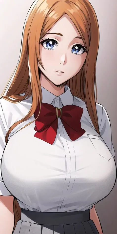 <lora:OrihimeInoueV2:0.7> orihimeinoue, huge_breasts, standing, solo, School_uniform_White_shirt_Red_bowtie_Grey_miniskirt, masterpiece, best quality, detailed face, detailed eyes, highres,