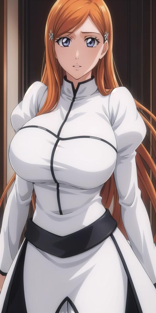 A woman in a white shirt and black pants standing in front of a door ...