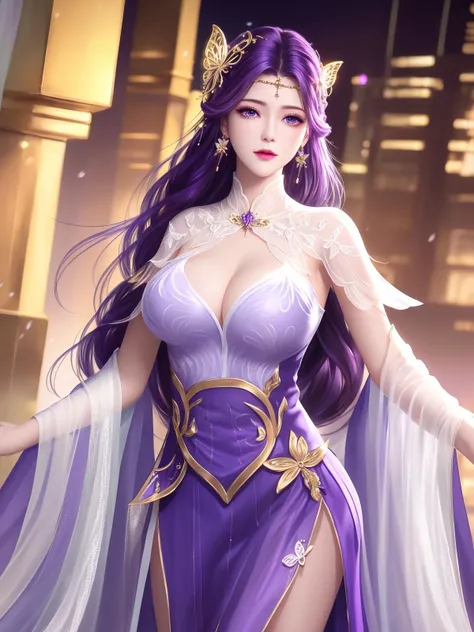1girl, mature female,long dress, cityscape, looking at viewer,capelet,hair ornament,jewelry, braid,earrings, purple hair, purple eyes, cowboy shot, forehead jewel,white fur trim, see-through,,gold trim, butterfly hair ornament,multicolored dress, <lora:YUNXIwmsj_20230725105815:0.75>