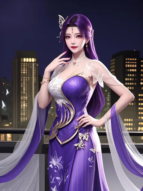 WMSJyunxi, 1girl, dress, solo, butterfly hair ornament, long hair, purple hair, jewelry,looking at viewer, earrings, shawl, closed mouth,forehead jewel, hagoromo,<lora:WMSJyunxi:0.75>,cityscape, night, mature female, hand on hip, smile,