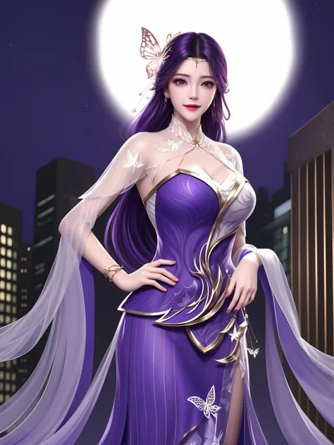 1girl, mature female,long dress, cityscape, looking at viewer,capelet,hair ornament,jewelry, braid,earrings, purple hair, purple eyes, cowboy shot, forehead jewel,white fur trim, see-through,,gold trim, butterfly hair ornament,multicolored dress, <lora:YUNXIwmsj_20230725105815:0.75>