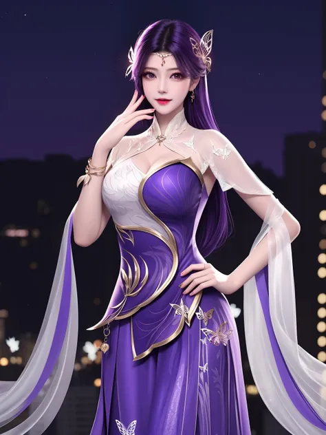 WMSJyunxi, 1girl, dress, solo, butterfly hair ornament, long hair, purple hair, jewelry,looking at viewer, earrings, shawl, closed mouth,forehead jewel, hagoromo,<lora:WMSJyunxi:0.75>,cityscape, night, mature female, hand on hip, smile,