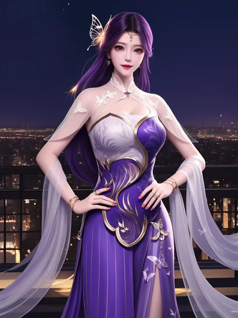 WMSJyunxi, 1girl, dress, solo, butterfly hair ornament, long hair, purple hair, jewelry,looking at viewer, earrings, shawl, closed mouth,forehead jewel, hagoromo,<lora:WMSJyunxi:0.75>,cityscape, night, mature female, hand on hip,smile,