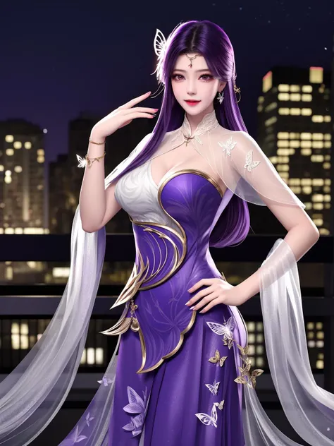 WMSJyunxi, 1girl, dress, solo, butterfly hair ornament, long hair, purple hair, jewelry,looking at viewer, earrings, shawl, closed mouth,forehead jewel, hagoromo,<lora:WMSJyunxi:0.75>,cityscape, night, mature female, hand on hip,smile,
