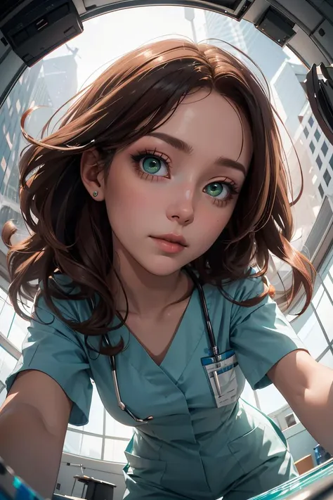 masterpiece, best quality,
Ray tracing, hdr, volumetric lighting,
1girl,
Surgeon with wavy auburn hair, deep green eyes, a straight nose, and high cheekbones,
<lora:From_Below_FefaAIart:1>, 
Fisheye lens, from below, low angle shot,