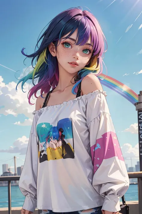 masterpiece, best quality,
1girl, 
 <lora:OversizedClothes_FefaAIart:1>,
rainbow hair, multicolored, long hair, freckles, green eyes, blue sky, at park,
oversized shirt,shirt, off shoulders,