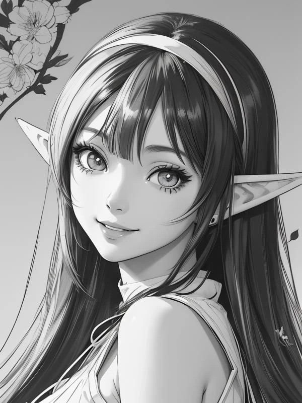 anime illustration, ink drawing, beautiful girl, black and white, manga style, 90s anime aesthetics, smiling, ilya kuvshinov, elf girl, elven ears, flower headband, line art, line drawing, stylized