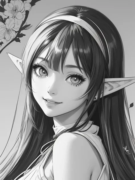 anime illustration, ink drawing, beautiful girl, black and white, manga style, 90s anime aesthetics, smiling, ilya kuvshinov, elf girl, elven ears, flower headband, line art, line drawing, stylized