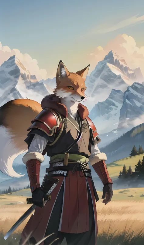 45 degrees shot from below, a male furry fox (red fur) warrior with samurai armor, katana in his hand, standing on grass with mountains in background