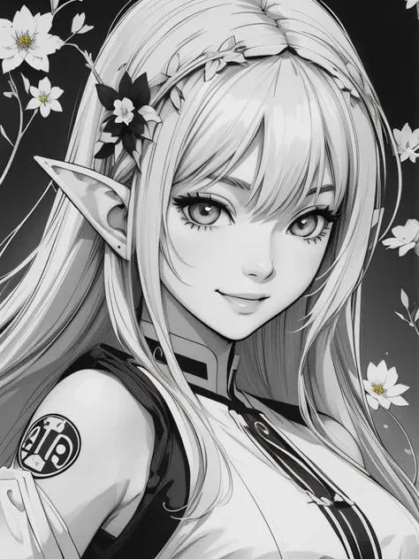 anime illustration, ink drawing, beautiful girl, black and white, manga style, 90s anime aesthetics, smiling, ilya kuvshinov, elf girl, elven ears, flower headband, line art, line drawing, stylized