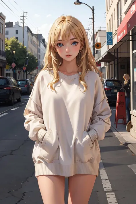 masterpiece, best quality,
1girl, 
 <lora:OversizedClothes_FefaAIart:1>,
long hair,  blonde hair,
oversized sweater,