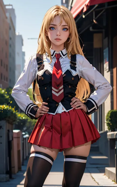 ((masterpiece, best quality)), insaneres, absurdres, solo, outdoors,
CLOTHING_BibleBlack_SchoolDress_ownwaifu, 
1girl, blonde hair,  long hair, blue eyes, 
black vest, red skirt, white shirt, collared shirt, suspenders, school uniform, black thighhighs, zettai ryouiki, necktie, long sleeves, pleated skirt, red necktie, 
(contrapposto, hand on hip)<lora:CLOTHING_BibleBlack_SchoolDress_ownwaifu:1>,
lens flare, depth of field, bokeh, embers, vanishing point, looking at viewer,