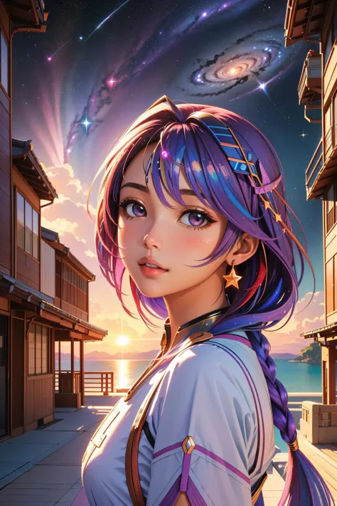 1girl, vibrant Concept art, Welcoming roots and beach, award winning, eye-level shot of a Mauve and Sage Meiji Era ([Pots with flowers:Andromeda galaxy:2]:1.3) , the White dwarf is very Sci-fi and Vengeful, it is covered in Rust, it is in a Star Trek setting, from inside of a Tough South Korea, Sunny, soft focus, Simple and clean, Embarrassing, Harlem Renaissance, Indirect light, F/1.8, psychedelic colors, raytraced reflections, overly complex style, masterpiece, High quality