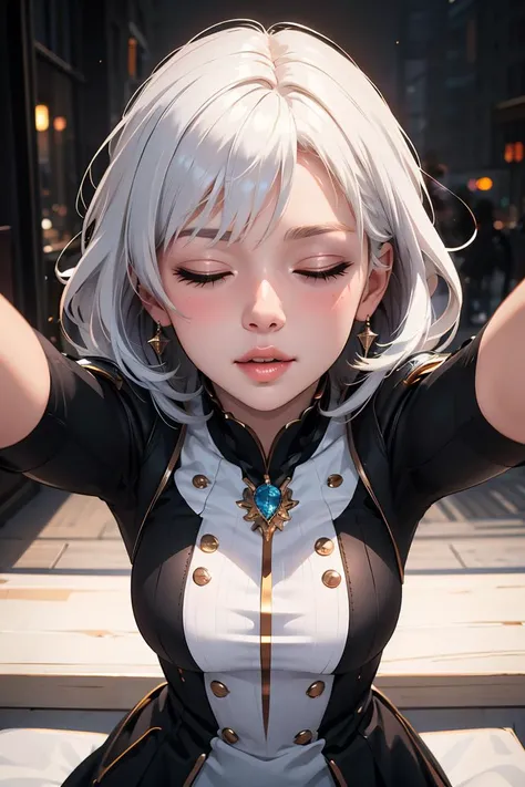 masterpiece, best quality, Ray tracing, hdr, volumetric lighting,
1girl, flushed, 
longe white hair, closed eyes, 
<lora:PovKiss_Peck_FefaAIart:0.8>, pov, kiss, peck lips, round lips, incoming kiss,  
 outstretched arms,