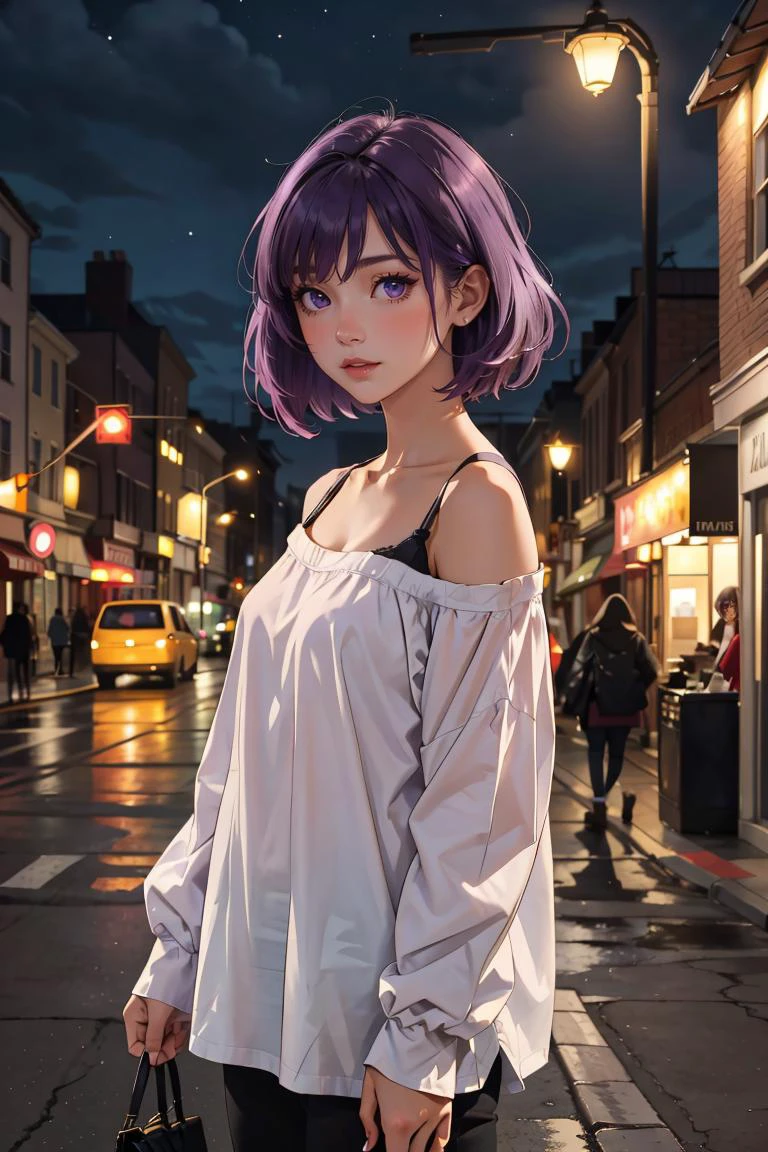 masterpiece, best quality,
1girl,
<lora:OversizedClothes_FefaAIart:1>,
purple hair, night, at night, lamp, 90's street, old buildings,
oversized shirt,shirt, off shoulders,